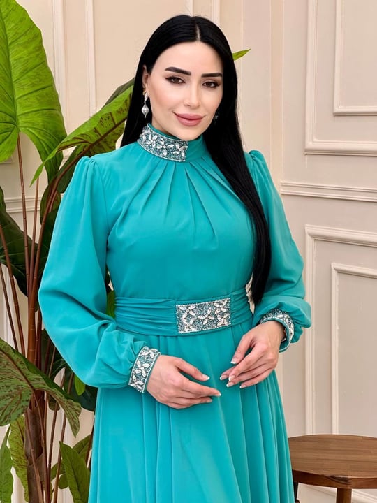 Yaka Bel Taş Şifon Elbise 0459 elb025 Mint yeşili