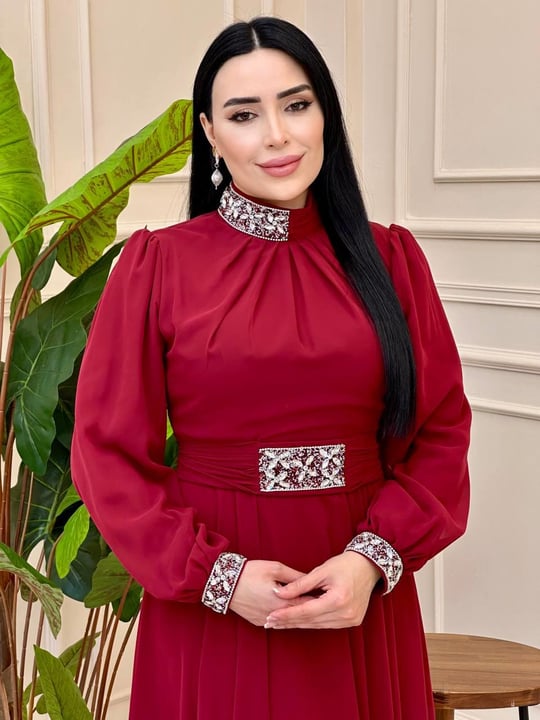 Yaka Bel Taş Şifon Elbise 0459 elb025 Bordo