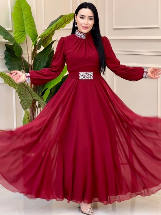 Yaka Bel Taş Şifon Elbise 0459 elb025 Bordo