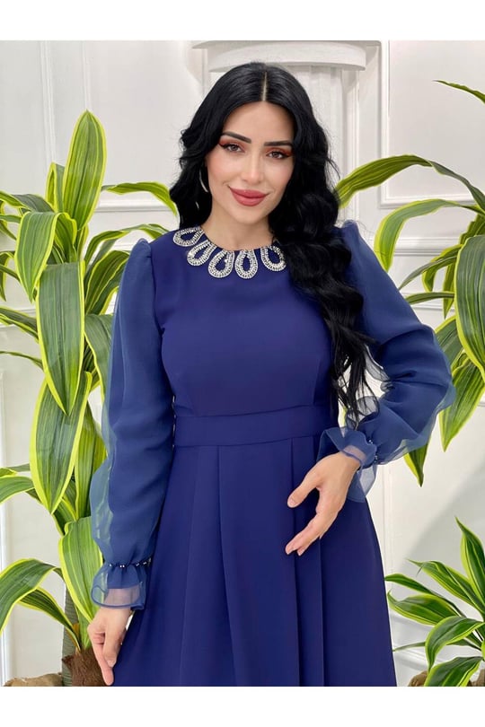 Yaka Damla Taş Elbise 3797-Saks