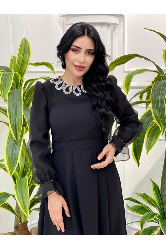 Yaka Damla Taş Elbise 3797-Siyah