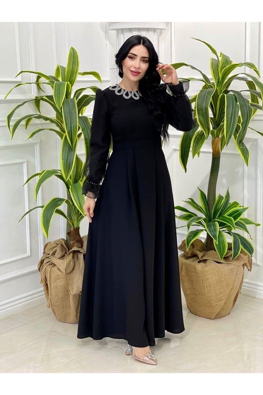 Yaka Damla Taş Elbise 3797-Siyah