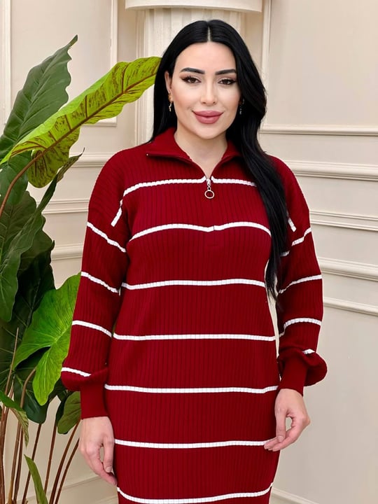 Yaka Fermuar Çizgili Triko Elbise 5892 t-24 Bordo