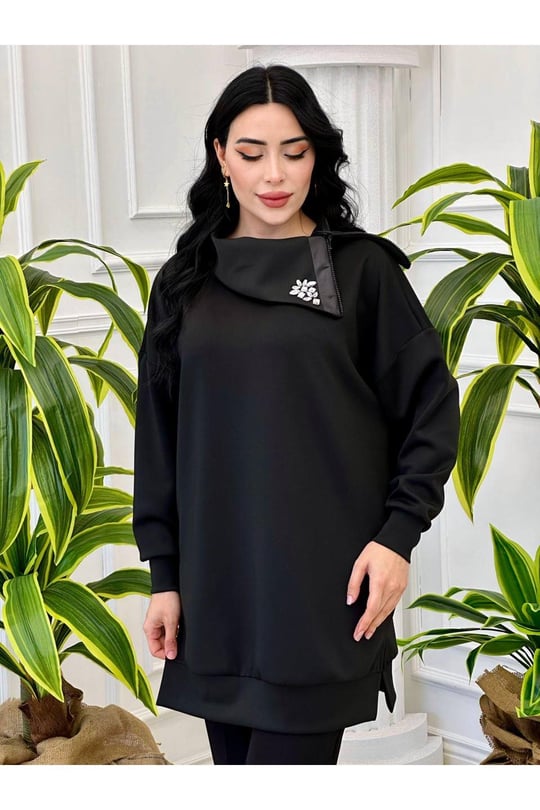 Yaka Fermuar Scuba Tunik 10355-Siyah