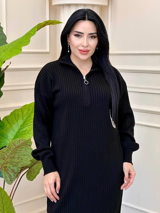 Yaka Fermuar Triko Elbise 3362 t-24 Siyah