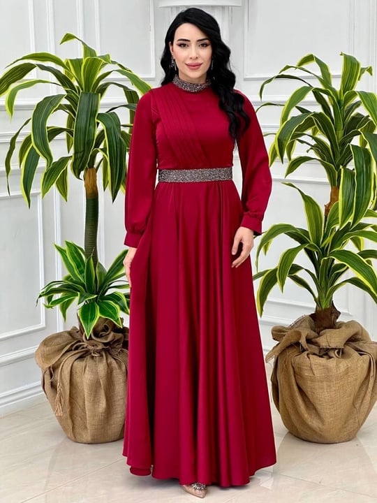 Yaka Kemer Taş Saten Elbise 4211 T-24 Bordo