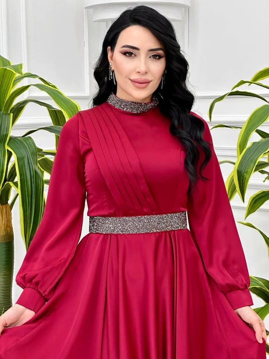 Yaka Kemer Taş Saten Elbise 4211 T-24 Bordo