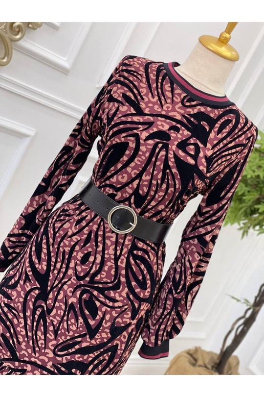 Yaka Kol Ribana Desenli Elbise 3782-Rose