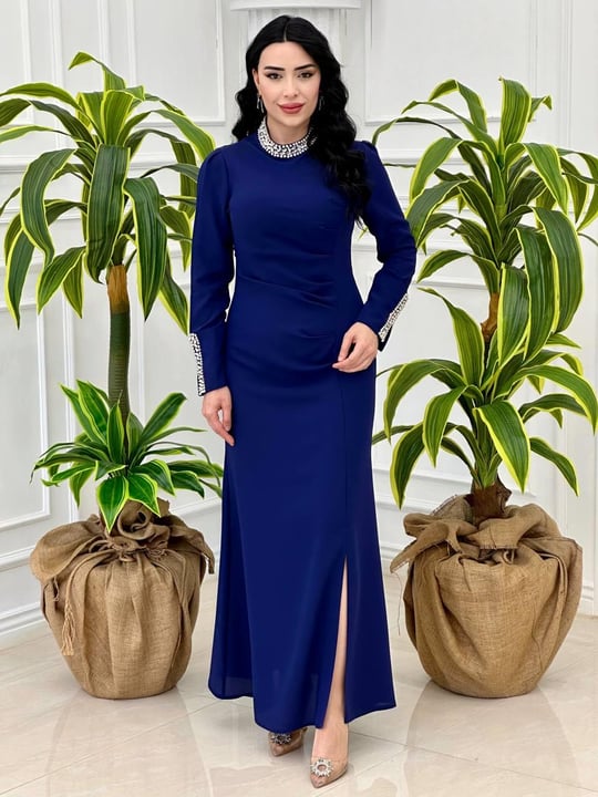 Yaka Kol Taşlı Drape Elbise 5133 T-24 Saks