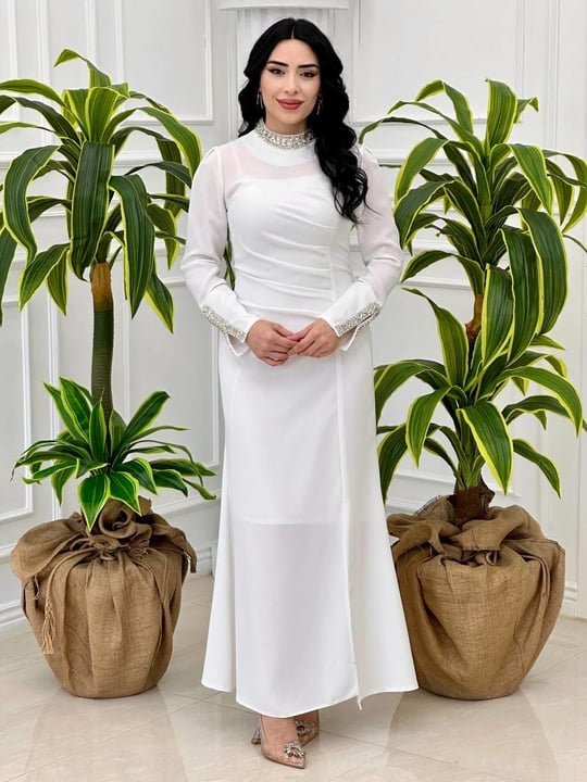 Yaka Kol Taşlı Drape Elbise 5133 T-24 Beyaz