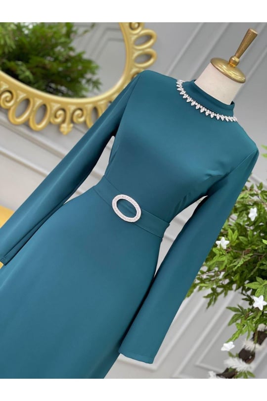 Yaka Şerit Taş Kalem Elbise5519-Yeşil