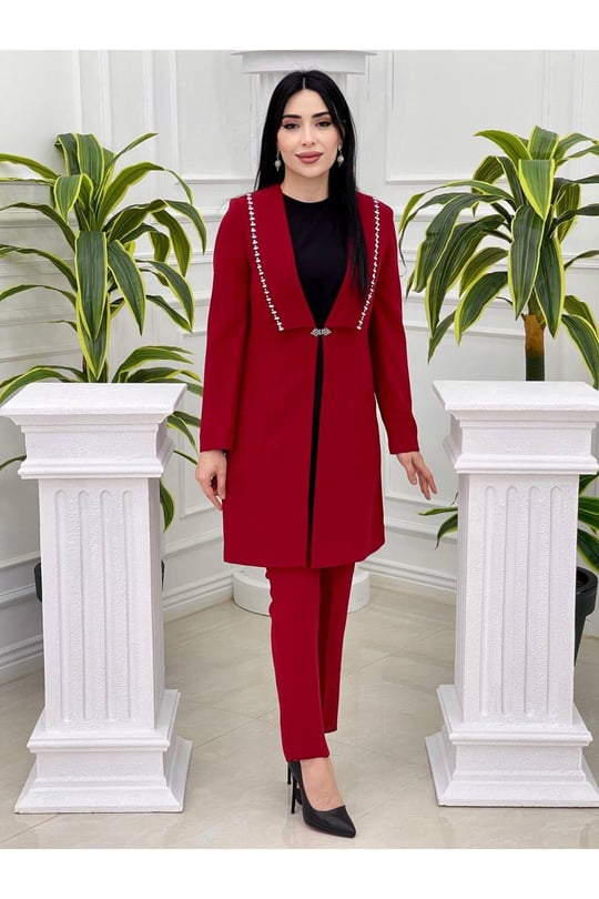 Yaka Taş Şerit Ceketli Takım 5702-Kırmızı
