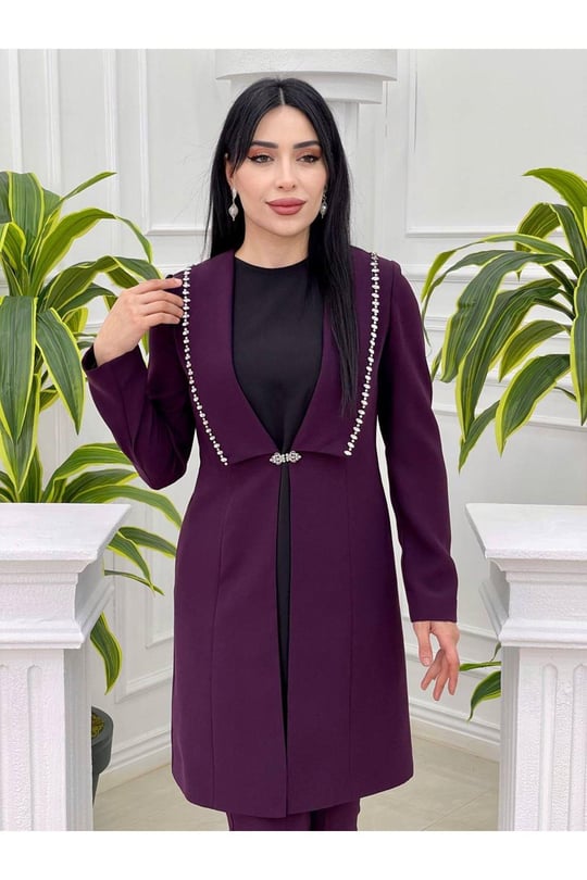 Yaka Taş Şerit Ceketli Takım 5702-Mor