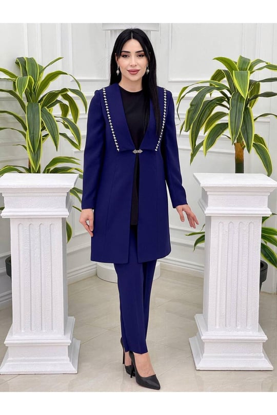 Yaka Taş Şerit Ceketli Takım 5702-Saks