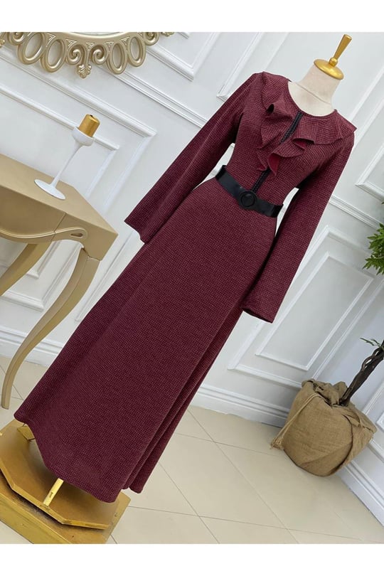 Yaka Volanlı Örme Elbise 3169-Bordo