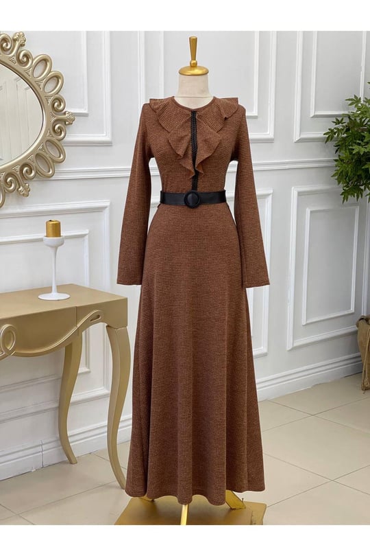 Yaka Volanlı Örme Elbise 3169-Taba