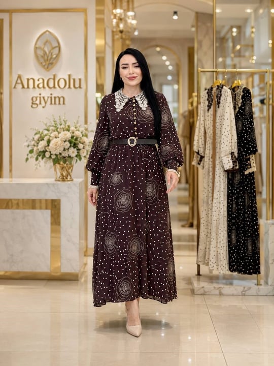 Yakası Dantelli Puantiye Elbise 12006 T-26 Kahverengi