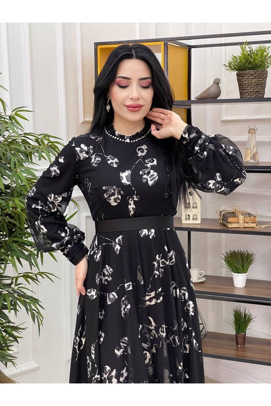 Yaldız Baskı Tül Elbise 3266-Gri