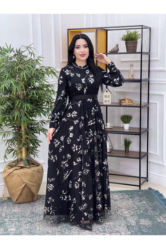 Yaldız Baskı Tül Elbise 3266-Gri
