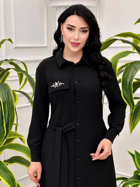 Yan Bağlama Düğmeli Elbise 12504 tk-24 Siyah