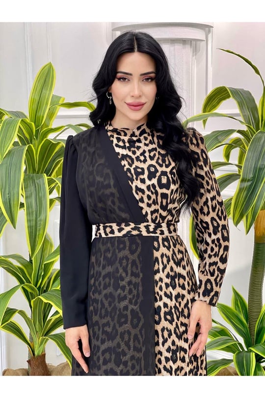 Yan Detay Şifon Elbise 3414-Leopar