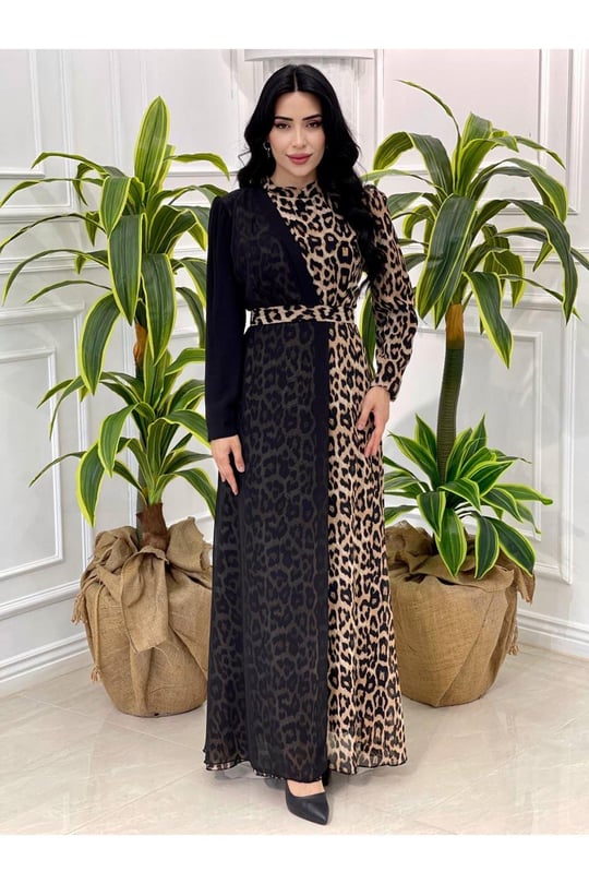 Yan Detay Şifon Elbise 3414-Leopar