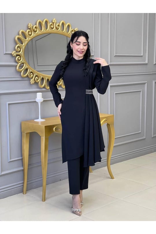 Yan Pileli Tunik Takım 4737-Siyah