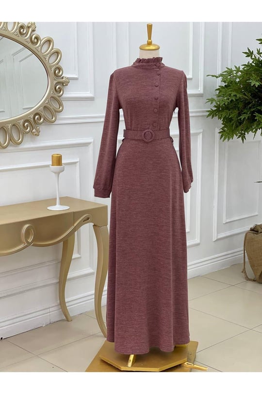 Yandan Düğmeli Örme Elbise 3209-Rose