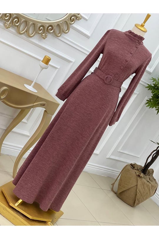 Yandan Düğmeli Örme Elbise 3209-Rose