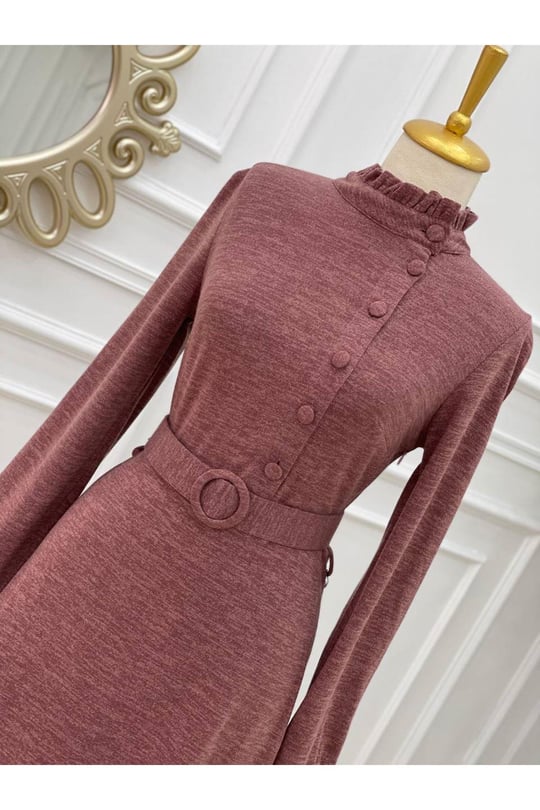 Yandan Düğmeli Örme Elbise 3209-Rose