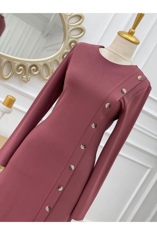 Yandan Düğmeli Penye Elbise 3193-Rose