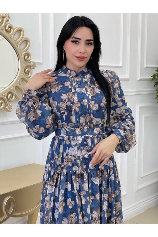 Yaprak Desen Düğmeli Şifon Elbise 3396-Mavi