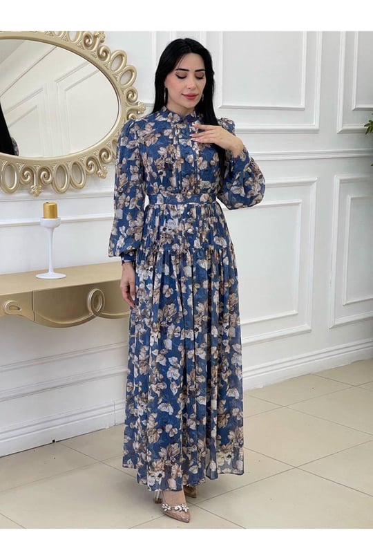 Yaprak Desen Düğmeli Şifon Elbise 3396-Mavi