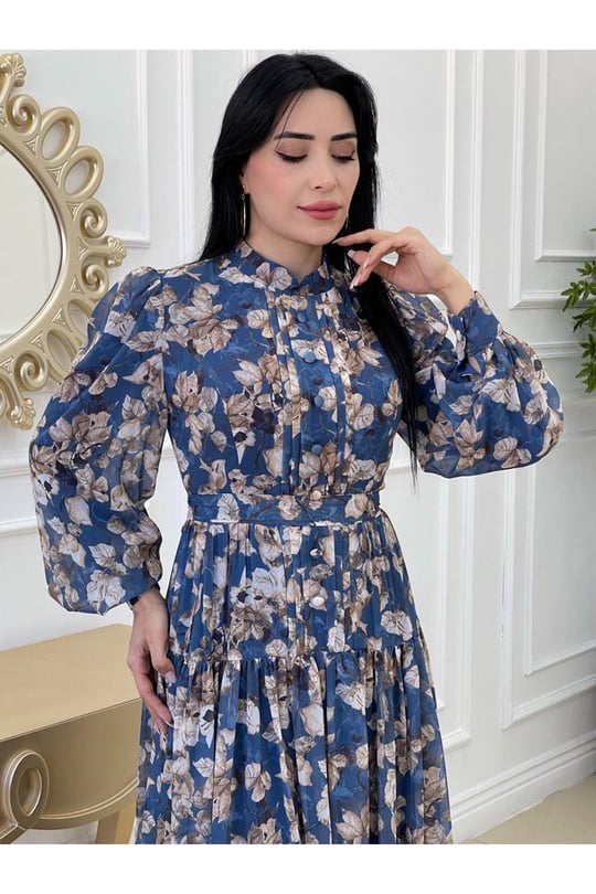 Yaprak Desen Düğmeli Şifon Elbise 3396-Mavi