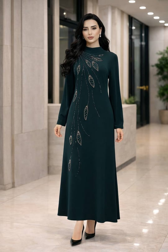 Yaprak İşleme Suzanna Elbise 1154 T-26 Zümrüt Yeşil