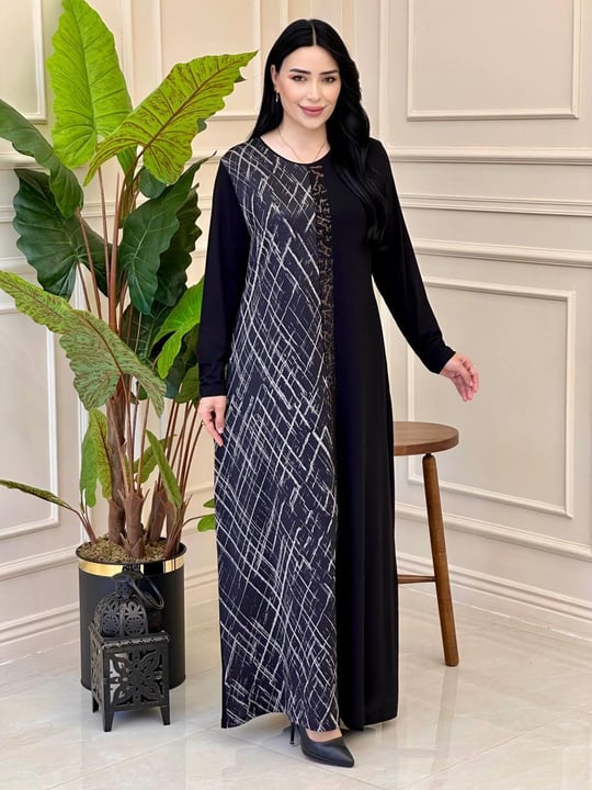 Yarı Desen Anne Penye Elbise 9077 e025 Siyah