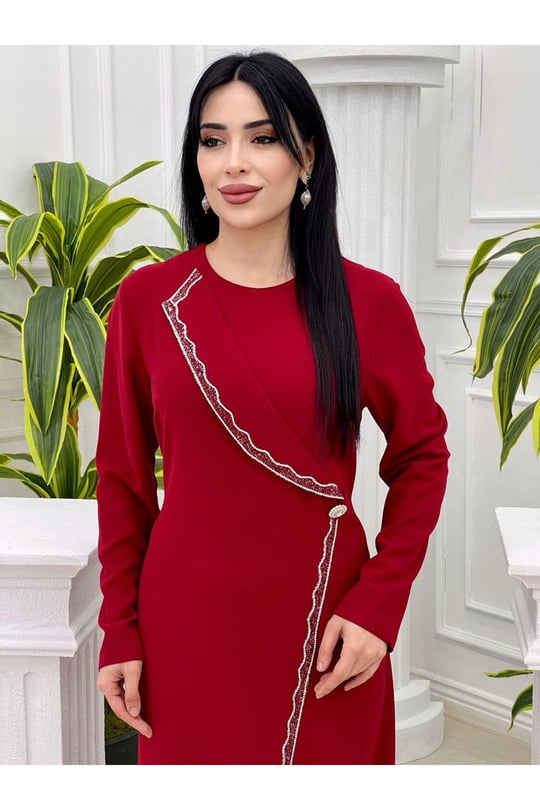 Yarım Ceket Yaka Elbise 5531-Kırmızı