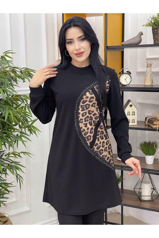Yarım Deri Taş Detay Tunik 701-Leopar