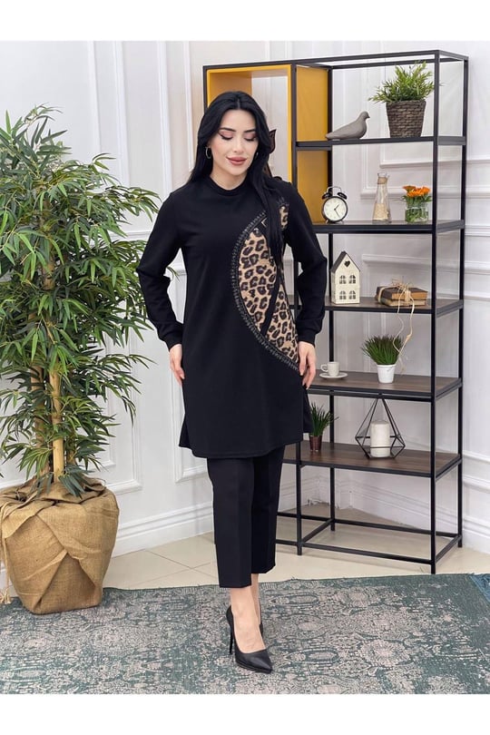 Yarım Deri Taş Detay Tunik 701-Leopar
