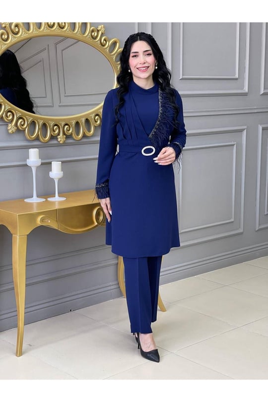 Yarım Taş Detay Tunik Takım 5520-Saks