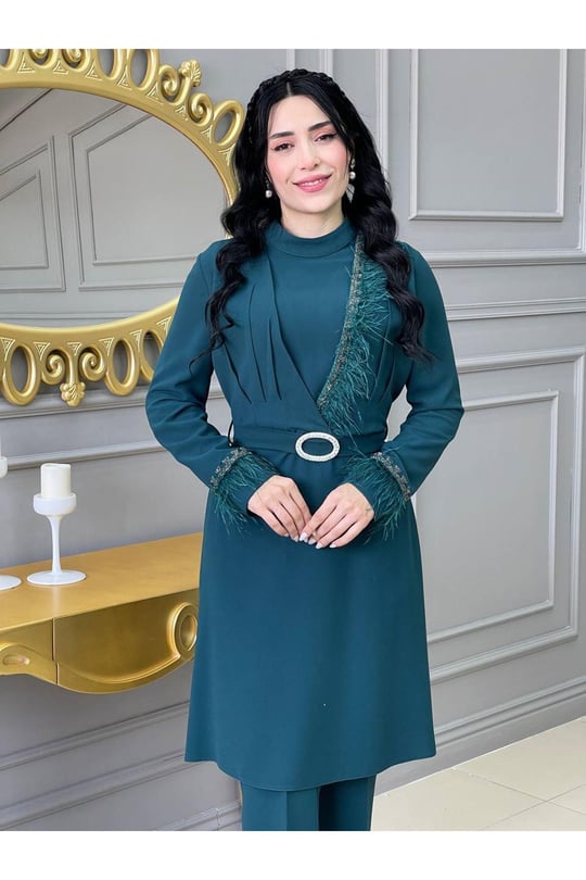 Yarım Taş Detay Tunik Takım 5520-Zümrüt Yeşil