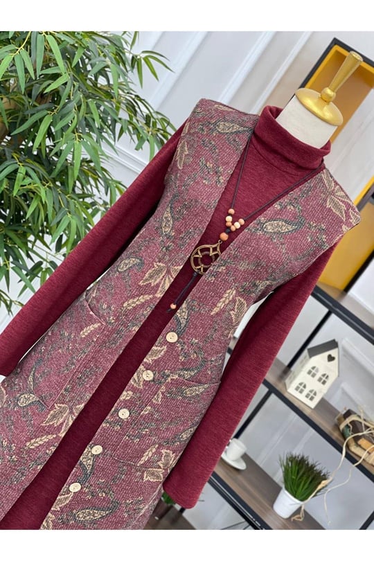 Yelekli Örme Elbise 3246-Bordo