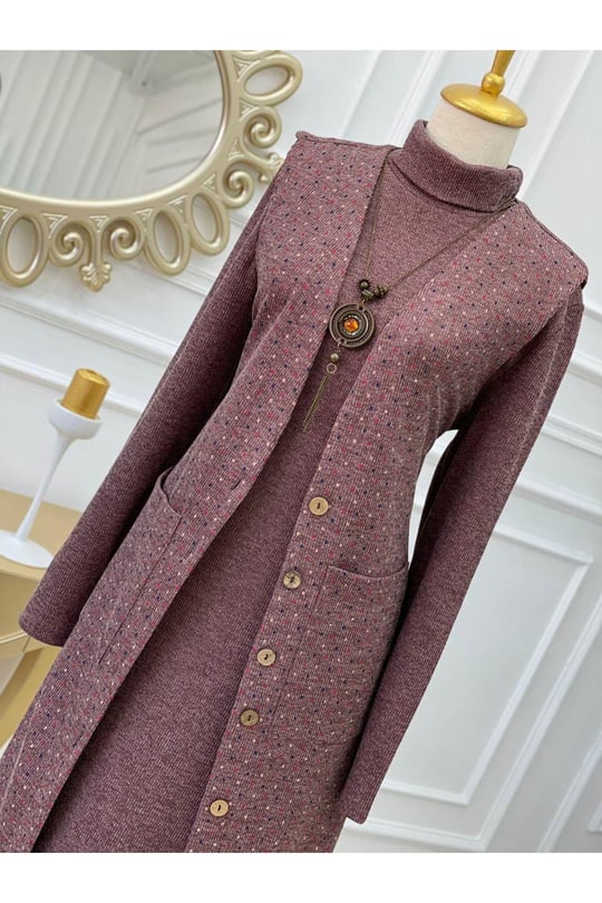 Yelekli Örme Elbise 3246-Leylak