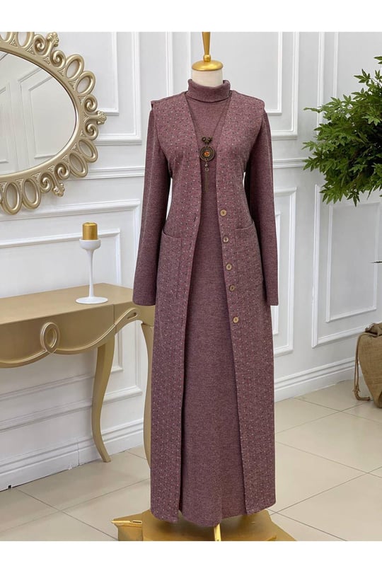 Yelekli Örme Elbise 3246-Leylak