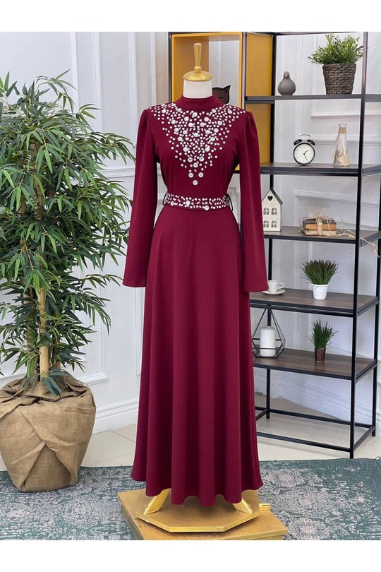 Yoğun Taş İşleme Elbise 1074-Bordo