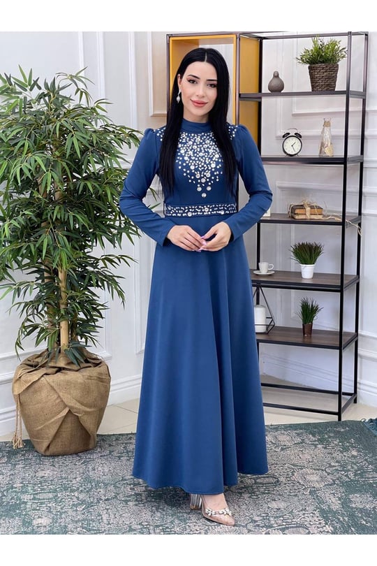 Yoğun Taş İşleme Elbise 1074-Mavi