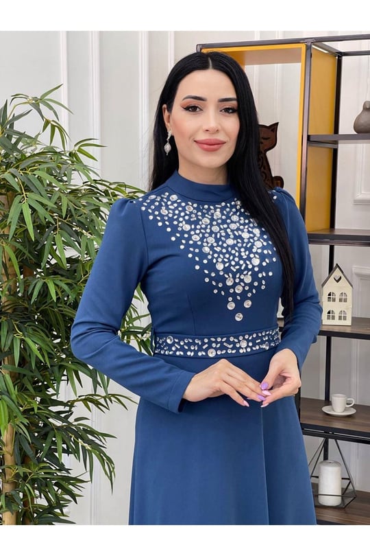 Yoğun Taş İşleme Elbise 1074-Mavi