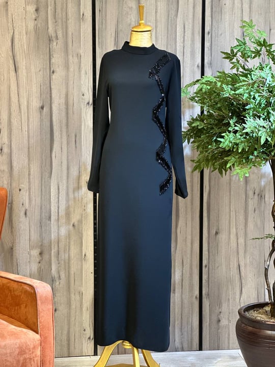 Zigzag Boncuk İşleme Krep Elbsie 1144 T-26 Siyah