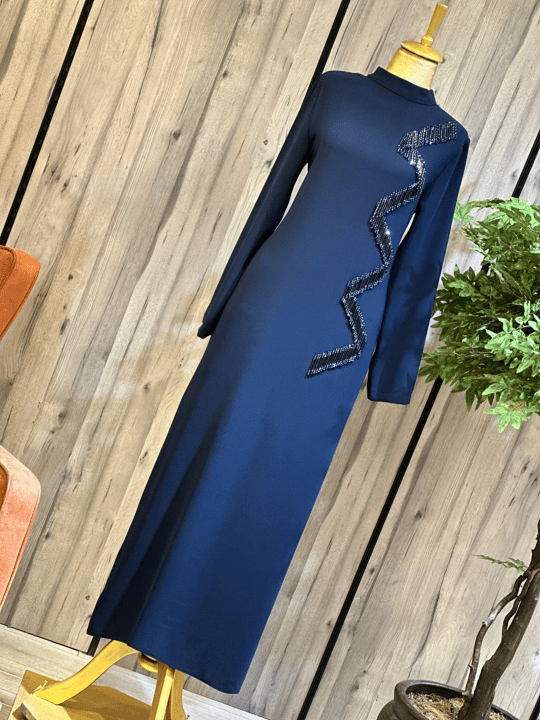 Zigzag Boncuk İşleme Krep Elbsie 1144 T-26 Lacivert