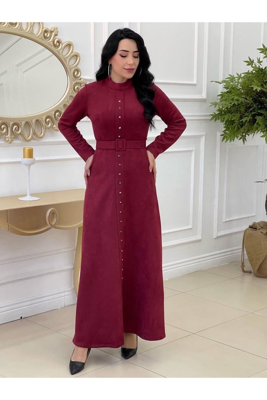 Zimbalı Süet Elbise 3200-Bordo